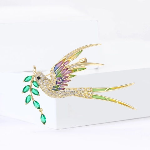 Luxus Kupfer Mikro-Pave Zirkonia Schwalbe Vogel Brosche Mit Buntem Emaille Weidenzweig Grüner Zirkonia Blatt Corsage Pin Damen