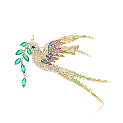Luxus Kupfer Mikro-Pave Zirkonia Schwalbe Vogel Brosche Mit Buntem Emaille Weidenzweig Grüner Zirkonia Blatt Corsage Pin Damen