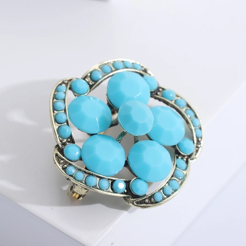 Broche de Flor de Aleación Azul Turco Vintage para Mujer Alfiler Floral con Incrustaciones de Strass Hueco Bohemio Joyería de Moda