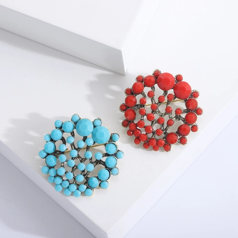 Spilla a Bottone Vintage in Lega con Fiori Svuotati per Donna Blu Turco Rosso Strass Retro Gioielli di Moda Accessorio