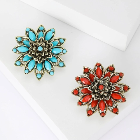 Spilla a Fiore in Lega Vintage Intarsiata con Strass Traforata Blu Turchese Rosso Accessori Donna Regalo Anniversario Banchetto