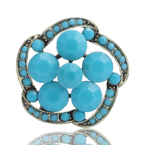 Broche de Flor de Aleación Azul Turco Vintage para Mujer Alfiler Floral con Incrustaciones de Strass Hueco Bohemio Joyería de Moda
