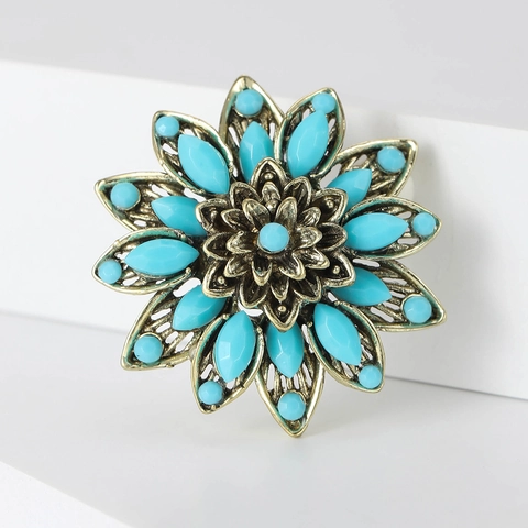 Spilla a Fiore in Lega Vintage Intarsiata con Strass Traforata Blu Turchese Rosso Accessori Donna Regalo Anniversario Banchetto