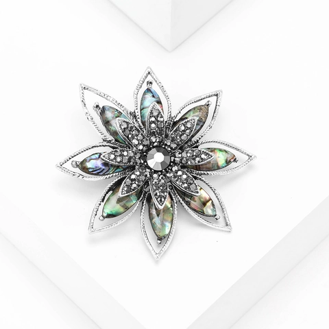 Broche de Flor Hueca de Concha de Abulón Vintage para Mujer Aleación Incrustado de Strass Alfiler de Pecho Floral Accesorio de Ropa