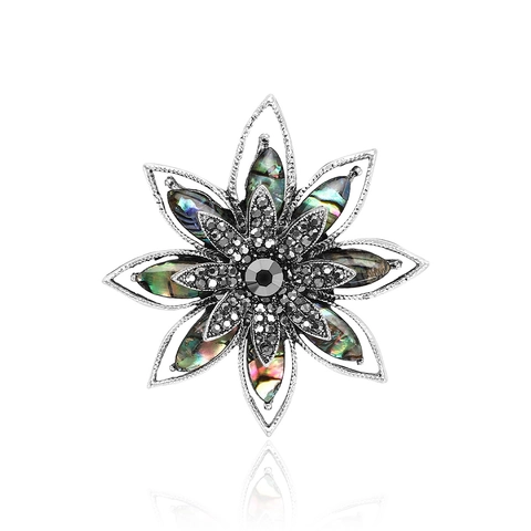 Broche de Flor Hueca de Concha de Abulón Vintage para Mujer Aleación Incrustado de Strass Alfiler de Pecho Floral Accesorio de Ropa