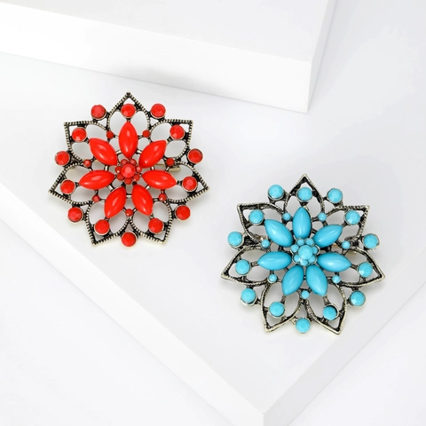 Retro Turkish Blue Red Flower Brooch Alloy Rhinestone Bohemian Vintage Palace Style Apparel Accessory For Women Gift