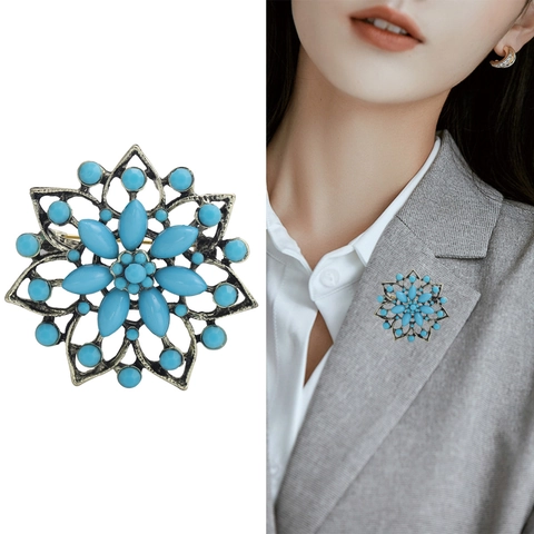 Retro Turkish Blue Red Flower Brooch Alloy Rhinestone Bohemian Vintage Palace Style Apparel Accessory For Women Gift