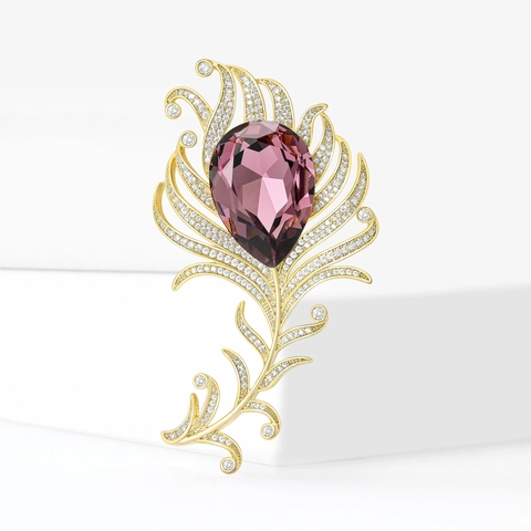Elegante Spilla in Rame con Piuma di Zirconia Viola per Donna Corsage in Piuma di Pavone Vintage di Alta Qualità Accessori