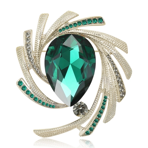 Vintage Luxurious Copper Rhinestone Spiral Waterdrop Brooch For Women Exquisite Emerald Green Purple Crystal Jewelry Accessories