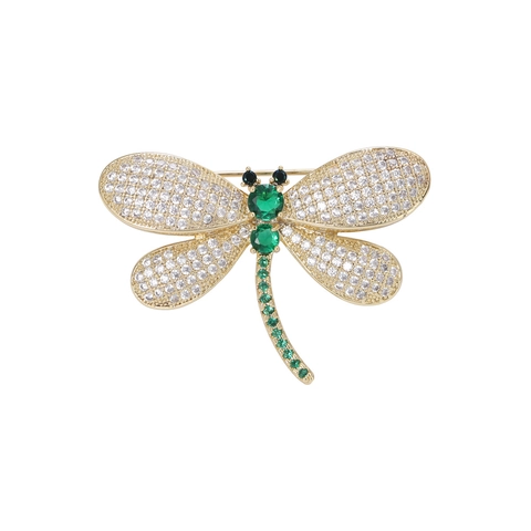 Elegante Broche de Libélula para Mujer de Cobre Forma Animal Con Circonia Blanca y Piedras Verdes Joyería Regalo de Moda