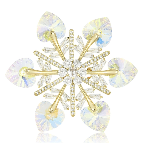 Elegante Spilla a Fiocco di Neve Placcata Oro Con Strass Cangianti a Forma di Cuore Micro Intarsiata Cristallo Gioielli di Natale Regalo