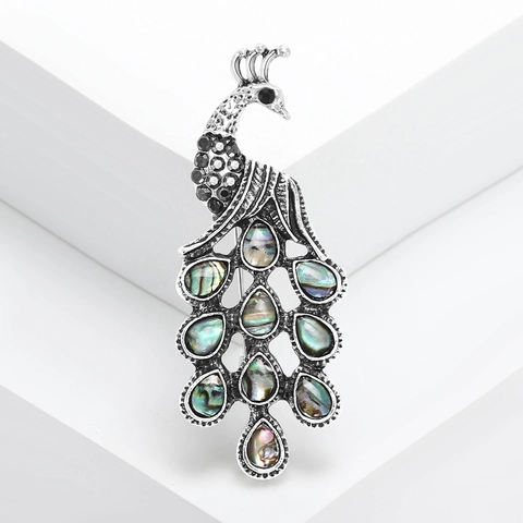 Spilla a Forma di Pavone in Lega Vintage Con Intarsio in Conchiglia di Abulone Cangiante Spilla Animale con Strass da Donna