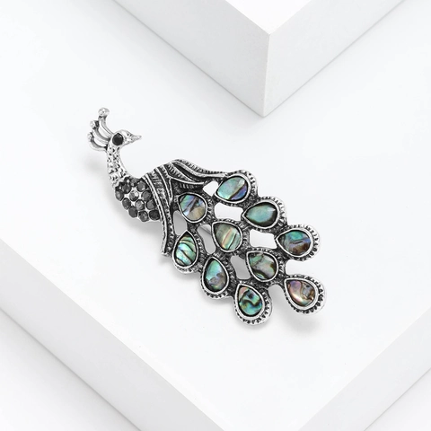 Vintage Alloy Peacock Brooch With Abalone Shell And Rhinestone Inlay Antique Silver Color Suit Lapel Pin Jewelry Accessory