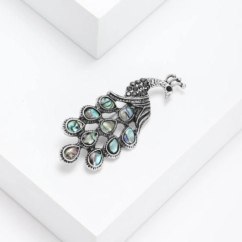 Vintage Alloy Peacock Brooch With Abalone Shell And Rhinestone Inlay Antique Silver Color Suit Lapel Pin Jewelry Accessory