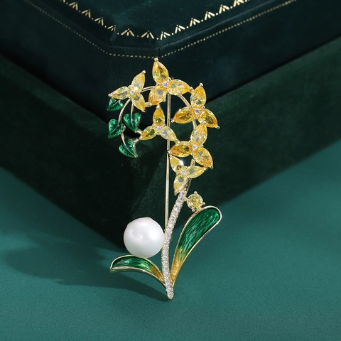 Elegante Broche de Esmalte de Orquídea para Mujer Alfiler de Cobre Micro Incrustado Circonia Perla Artificial Joyería