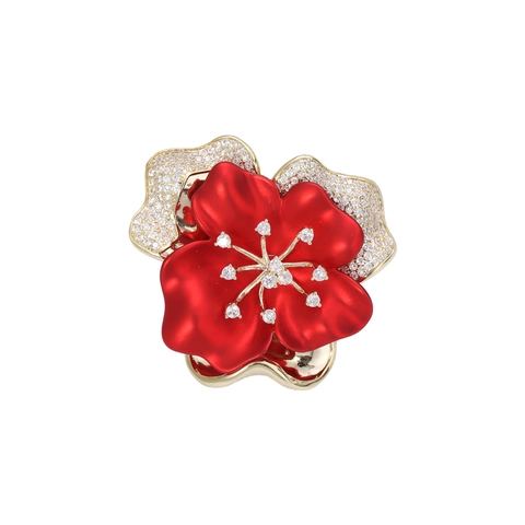 Französische Elegante Blumenbrosche Kupfer Vergoldet Rote Emaille Zirkonia Pflaster Pin Für Damen Anzug Mantel Schmuck Mode Geschenk