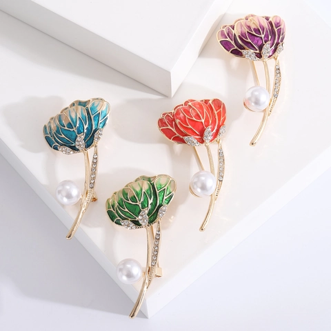 Luxus Legierung Emaille Tulpen Blume Brosche Mit Künstlicher Perle Und Strass Für Damen Koreanischen Stil Mode Kleidung Pin