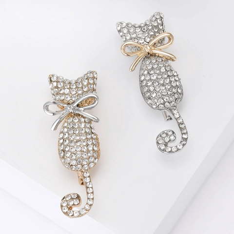 Elegante Spilla a Forma di Gatto in Lega Con Intarsio di Strass Luccicanti e Dettaglio a Fiocco Graziosa Spilla Animale Gioielli Donna