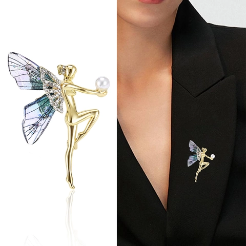 Elegante Spilla a Forma di Fata in Lega Con Perla Artificiale E Ali Sfumate di Strass Spilla Vintage per Accessori Donna
