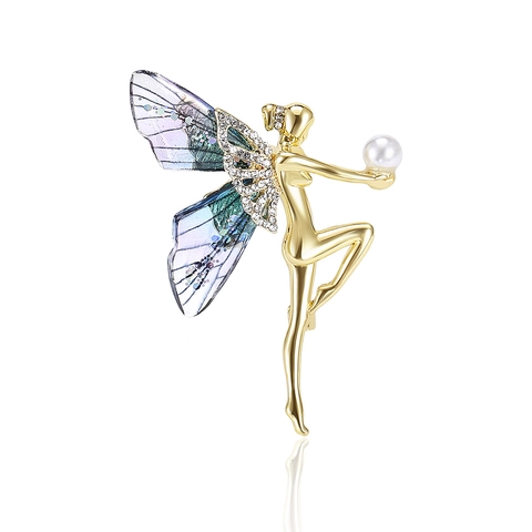 Elegante Spilla a Forma di Fata in Lega Con Perla Artificiale E Ali Sfumate di Strass Spilla Vintage per Accessori Donna