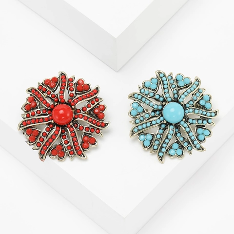 Broche de Girasol de Aleación Vintage Con Diamantes de Imitación Azul Turquesa Rojo Alfiler Floral Para Mujer Moda Corsage Joyería