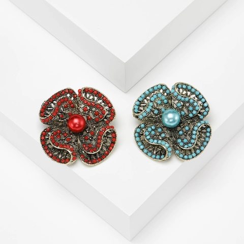 Vintage Alloy Flower Brooch For Women Antique Gold Inlaid Rhinestone Artificial Pearl Bohemian Floral Breastpin Fashion Jewelry
