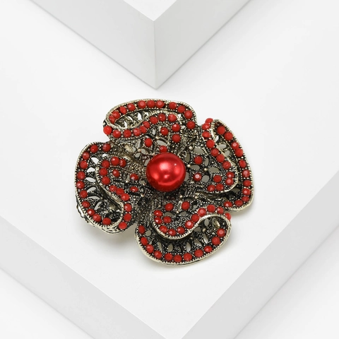 Spilla a Fiore in Lega Vintage per Donna Oro Antico Intarsiato Strass Perla Artificiale Spilla Floreale Boema Gioielli di Moda