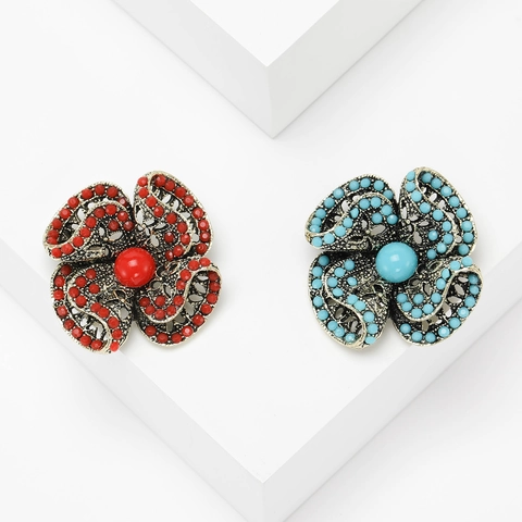 Vintage Legierung Blume Brosche Mit Strass Einlage Türkisch Blau Rot Floral Korsage Für Damen Mode Bekleidung Zubehör