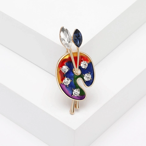 Creative Artist Palette Brooch Enamel Drip Oil Pin With Rhinestones For Women Alloy Art Paint Brush Pin Fashion Jewelry Gift