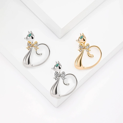 Korean Style Simple Alloy Cat Brooch With Rhinestone Bowknot Cute Long Tail Animal Pin For Women Versatile Jewelry Gift