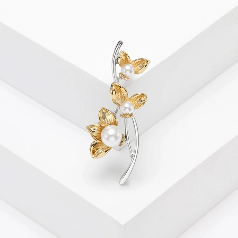Vintage Chinesischer Stil 14K Vergoldet Blumen Brosche Mit Künstlicher Perle Elegante Klassische Damen Kleidung Pin Schmuck