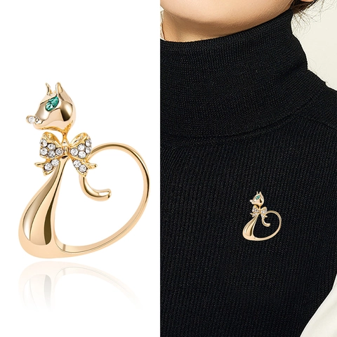 Korean Style Simple Alloy Cat Brooch With Rhinestone Bowknot Cute Long Tail Animal Pin For Women Versatile Jewelry Gift