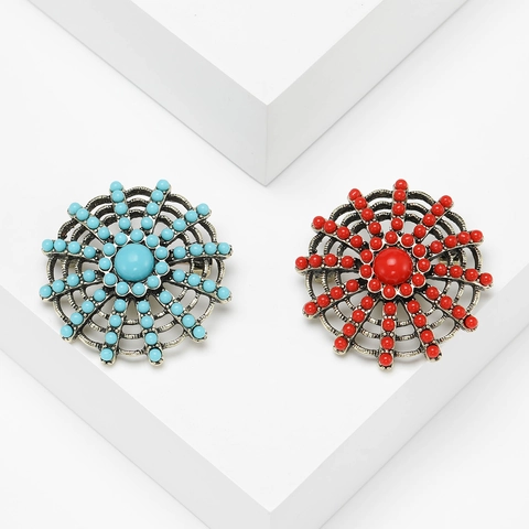 Vintage Alloy Flower Brooch Pin For Women Turquoise Blue Red Beads Ethnic Sunflower Breastpin Banquet Clothing Accessories