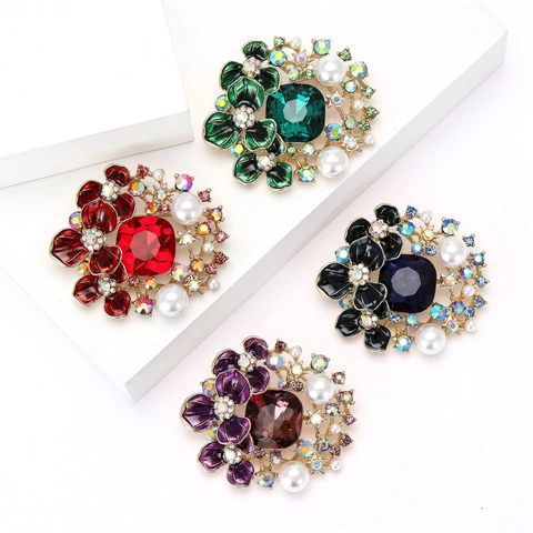 Vintage Alloy Floral Brooch With Square Rhinestone And Artificial Pearls Elegant Enamel Design For Banquet Wedding Women Accessories