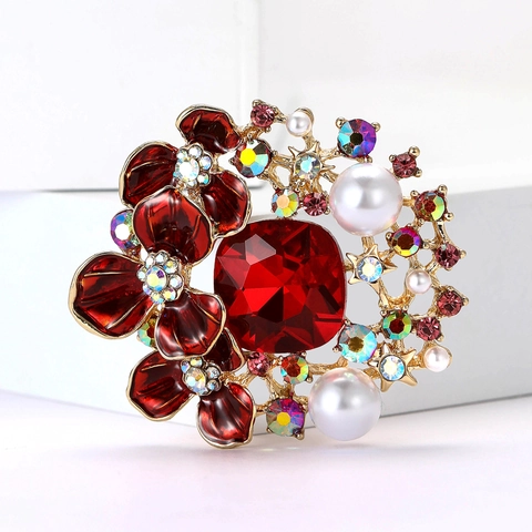 Vintage Alloy Floral Brooch With Square Rhinestone And Artificial Pearls Elegant Enamel Design For Banquet Wedding Women Accessories