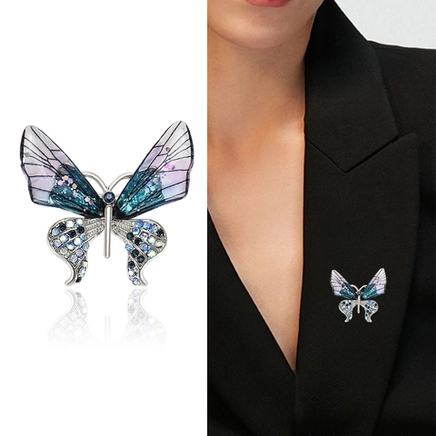 Elegant Gradient Butterfly Brooch Alloy Rhinestone Inlaid Enamel Fashion Pin For Women Coat Suit Accessory Jewelry Gift