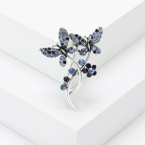 Vintage Alloy Butterfly Flower Brooch Pin For Women Fashion Rhinestone Inlaid Crystal Breastpin Accessories Jewelry Gift
