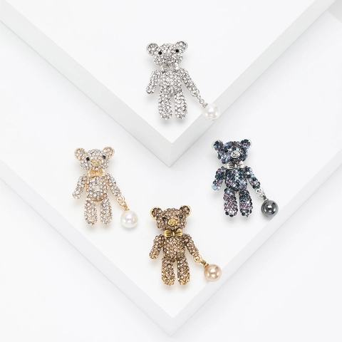 Lindo Broche de Oso de Peluche con Diamantes de Imitación para Mujer Alfiler de Animal de Aleación con Colgante de Perla Artificial de Imitación Accesorio de Moda Regalo
