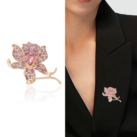 Luxus Legierung Strass Blume Brosche Rosa Orchidee Floral Pin Für Damen Anzüge Mäntel Hochzeit Party Mode Schmuck Geschenk