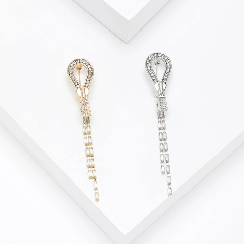 Creative Alloy Rhinestone Zipper Pull Brooch For Women Fashion Tassel Suit Pin Gold Silver Luxury Clothing Accessory
