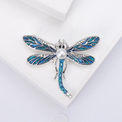 Spilla Libellula in Lega Vintage Con Smalto E Perla Artificiale Moda Strass Insetto Spilla per Decorazione Abbigliamento Donna