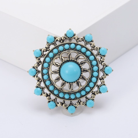 Retro Bohemian Hollow Rhinestone Round Brooch For Women Vintage Turkish Style Floral Alloy Pin Jewelry Accessory