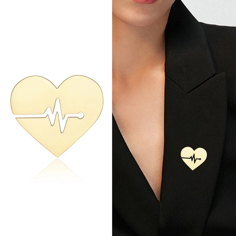 Broche Coeur en Alliage Simple Ligne Battement Coeur ECG Design Évidé Bijoux Femme Broche Coeur Vintage pour Chemise Anti-Exposition