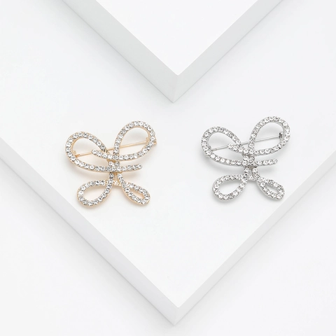 Elegant Alloy Rhinestone Bowknot Brooch Pin For Women Sparkling Crystal Bow Brooch For Suits Jackets Fashion Dress Accessories