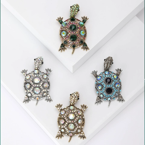Broche de Tortuga Vintage para Mujer Aleación de Strass Tortuga Marina Pin de Animal Accesorios de Ropa de Moda Joyería Retro