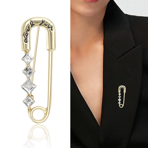 Alloy Rhinestone Paperclip Brooch With Love You Lettering Square Rhinestone Safety Pin For Women Daily Dress Accessories