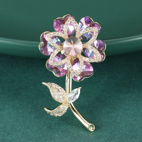 Elegante Broche de Flor de Cobre para Mujer Exquisito Alfiler Floral de Diamantes de Imitación Micro Pavé Joyería de Moda