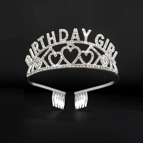 Diadema de Corona Tiara de Aleación de Plata Birthday Girl Para Mujeres Niñas Accesorios de Cabello Para Fiesta Diseño de Letras y Corazón