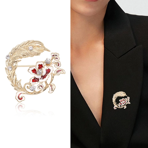 Vintage Alloy Feather Flower Brooch Elegant Enamel Drip Oil Rhinestone Pin For Women Suit Coat Jewelry Accessories Gift