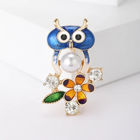 Spilla Gufo in Lega Vintage per Donna Con Smalto Blu Perla Artificiale E Fiore in Strass Spilla Animale Accessorio Moda